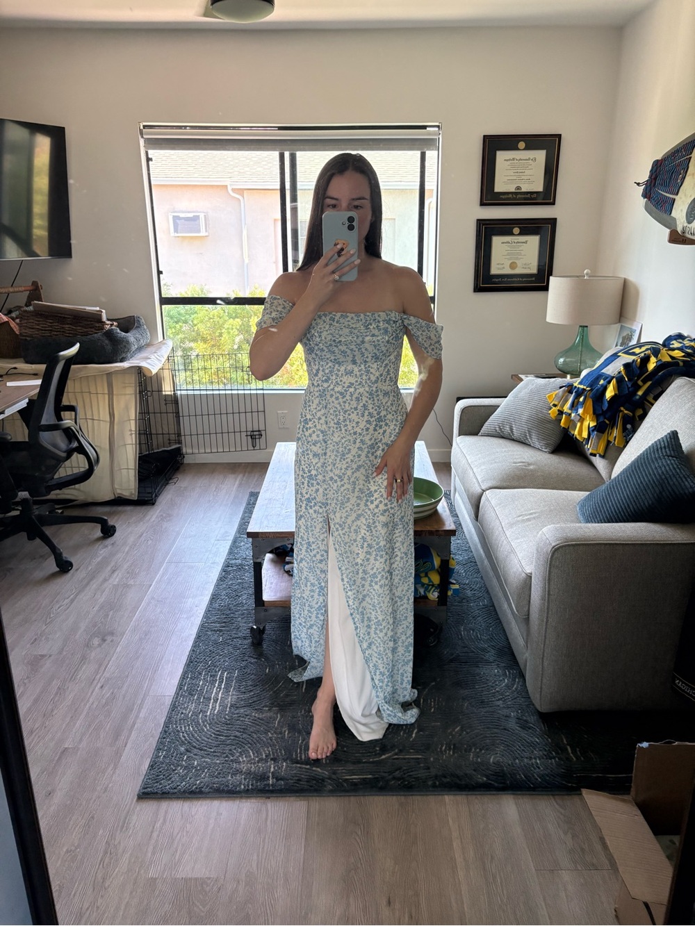 Birdy Grey Blue & White Off-Shoulder Floral Maxi Dress
